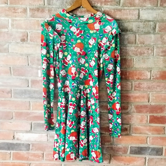 "Ugly" Christmas Green Santa Print Velour Dress - Picture 3 of 7